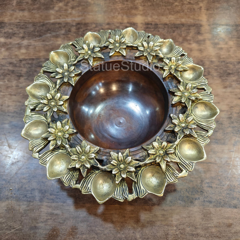 Brass Designer Urli With Flowers And Diya For Decor And Gifting 10"