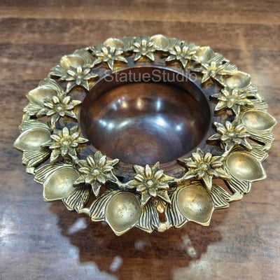 Brass Designer Urli With Flowers And Diya For Decor And Gifting 10"