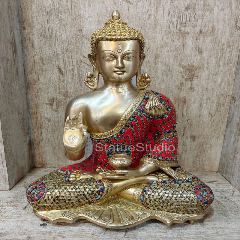 Brass Buddha Blessing Mudra Statue Stone Work For Decor Showpiece 16"