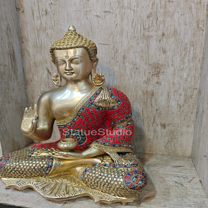 Brass Buddha Blessing Mudra Statue Stone Work For Decor Showpiece 16"