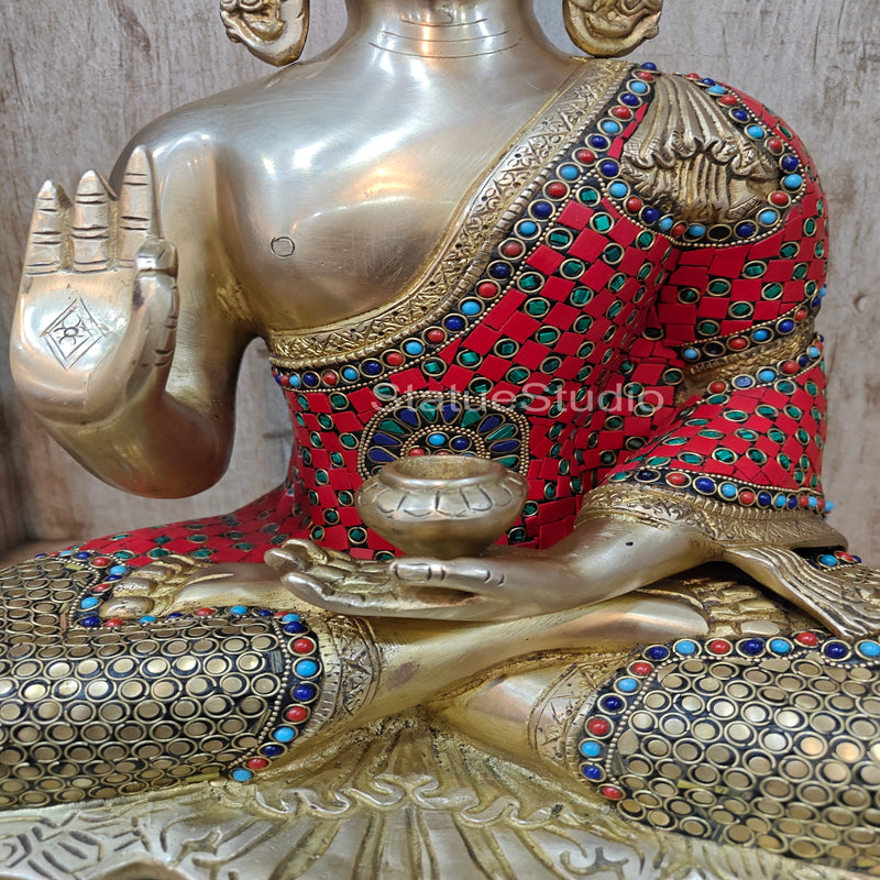 Brass Buddha Blessing Mudra Statue Stone Work For Decor Showpiece 16"