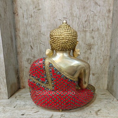 Brass Buddha Blessing Mudra Statue Stone Work For Decor Showpiece 16"