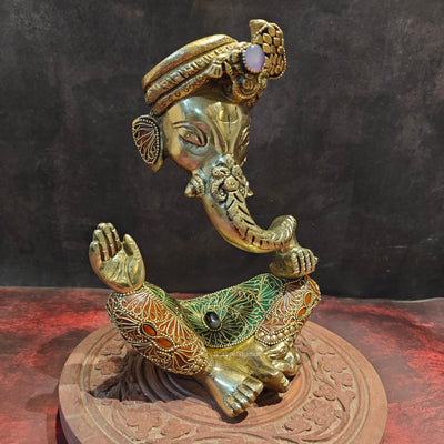 Brass Modern Abstract Ganesha Statue Wearing a Turban With Stonework 10.5"