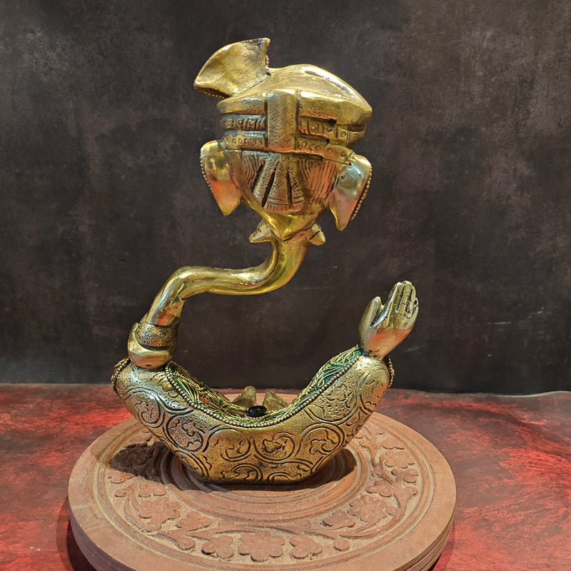 Brass Modern Abstract Ganesha Statue Wearing a Turban With Stonework 10.5"