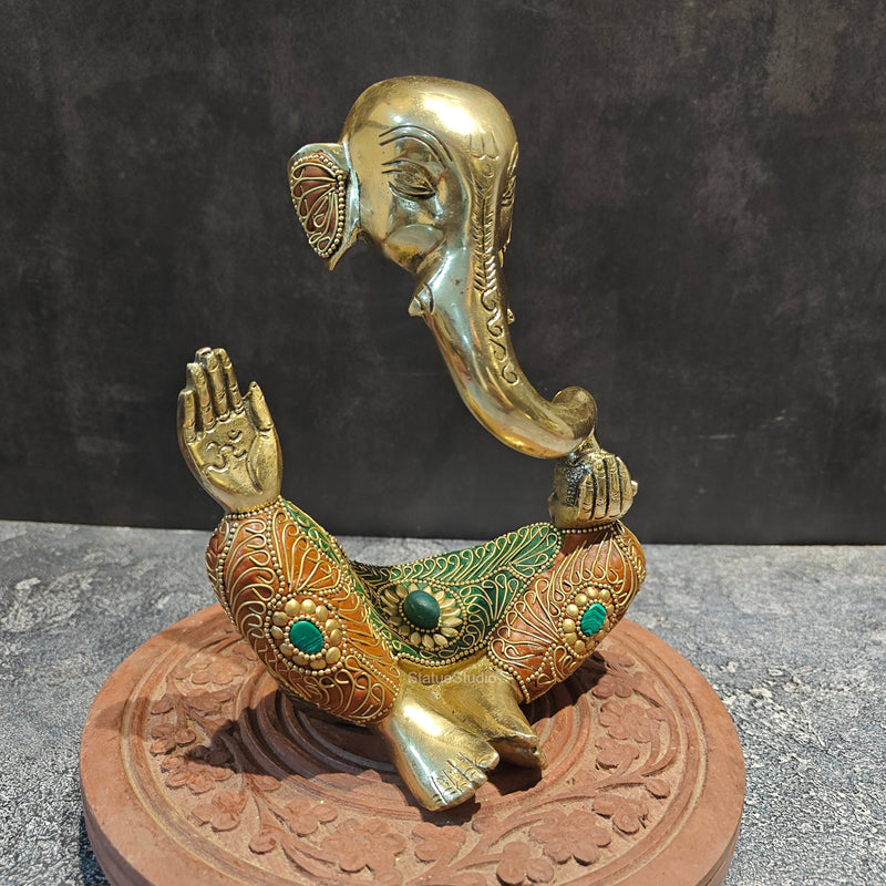 Brass Modern Abstract Ganesha Idol With Stonework 8 Inches