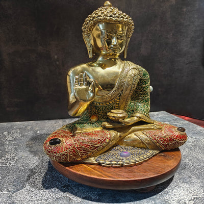 Brass Blessing Buddha Statue With Stone Work 1 Feet