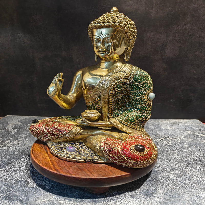 Brass Blessing Buddha Statue With Stone Work 1 Feet