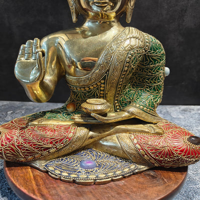 Brass Blessing Buddha Statue With Stone Work 1 Feet