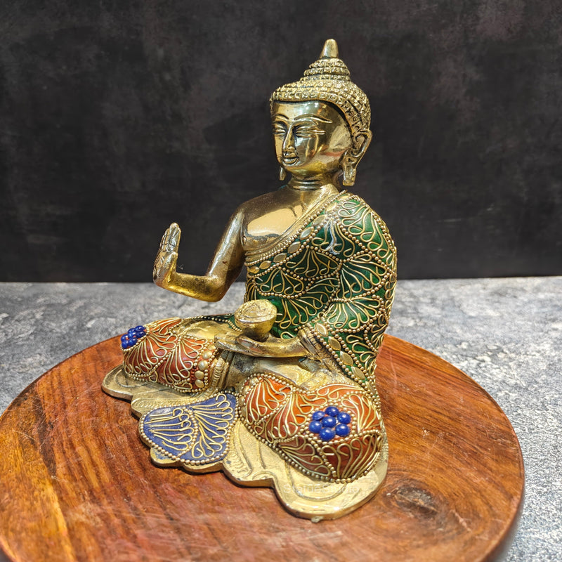 Brass Small Blessing Buddha Statue With Stone Work 7.5 Inch