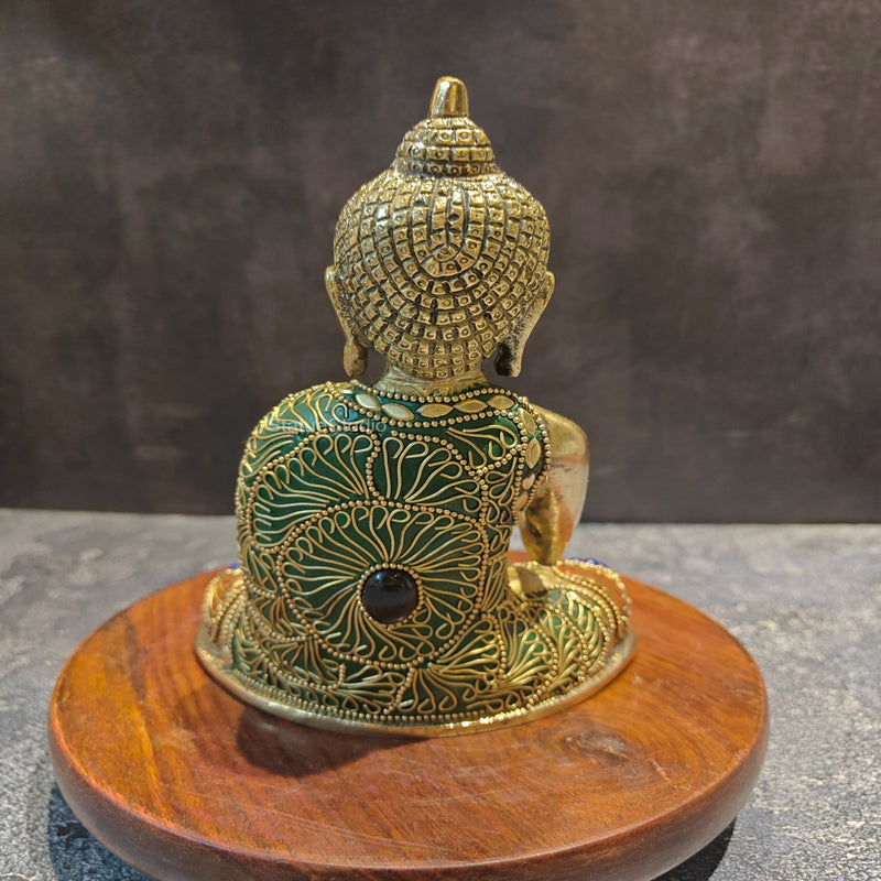 Brass Small Blessing Buddha Statue With Stone Work 7.5 Inch