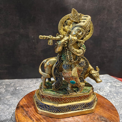 Brass Krishna With Cow Statue On Pedestal Stone Work 10 Inches