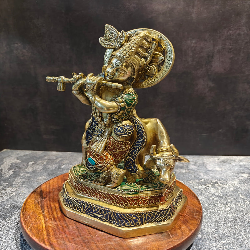 Brass Krishna With Cow Statue On Pedestal Stone Work 10 Inches