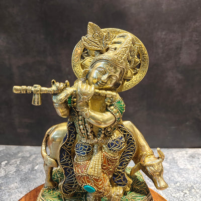 Brass Krishna With Cow Statue On Pedestal Stone Work 10 Inches