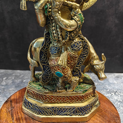 Brass Krishna With Cow Statue On Pedestal Stone Work 10 Inches