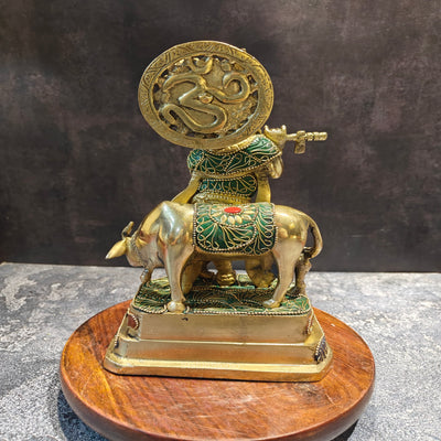 Brass Krishna With Cow Statue On Pedestal Stone Work 10 Inches