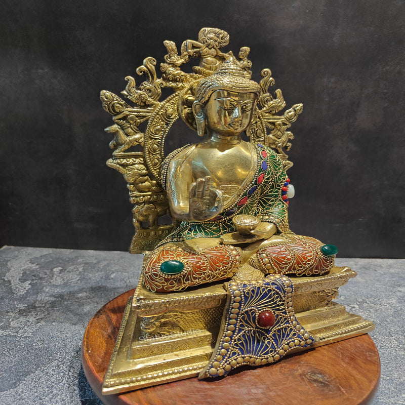 Brass Buddha Seated on Engraved Aasan and Arch With Stone Work 1 Feet