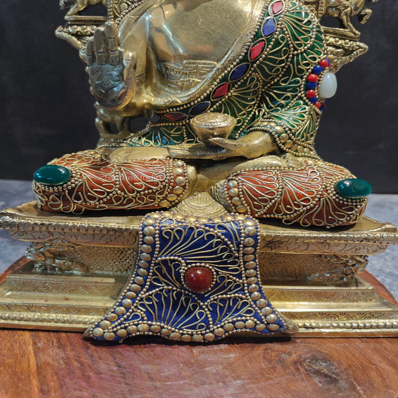 Brass Buddha Seated on Engraved Aasan and Arch With Stone Work 1 Feet