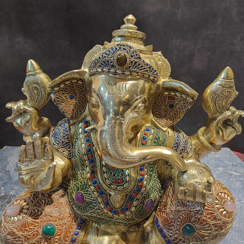 Brass Handcrafted Aashirwad Ganapati Idol With Stone Work 14 Inches