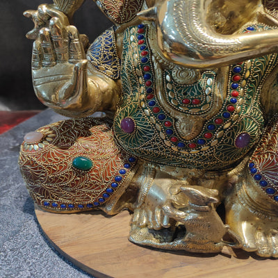 Brass Handcrafted Aashirwad Ganapati Idol With Stone Work 14 Inches