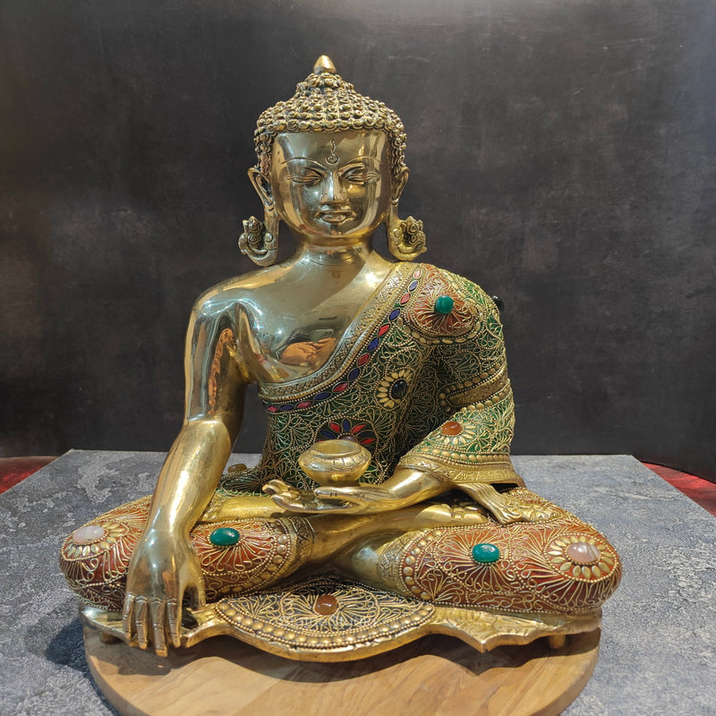 Brass Bhumisparsha Mudra Buddha Idol With Stone Work 16 Inches