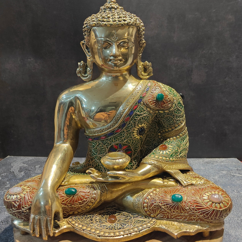 Brass Bhumisparsha Mudra Buddha Idol With Stone Work 16 Inches