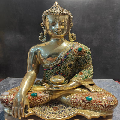 Brass Bhumisparsha Mudra Buddha Idol With Stone Work 16 Inches