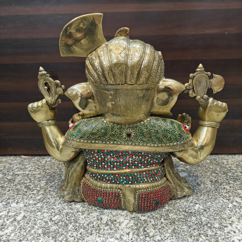 Brass Large Majestic Ganesha Sculpture With Stone Work 20 Inches