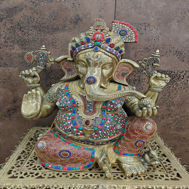 Brass Large Majestic Ganesha Sculpture With Stone Work 20 Inches