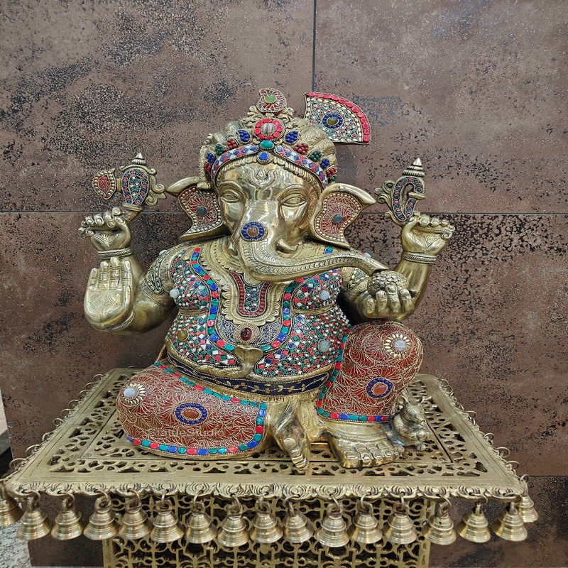 Brass Large Majestic Ganesha Sculpture With Stone Work 20 Inches