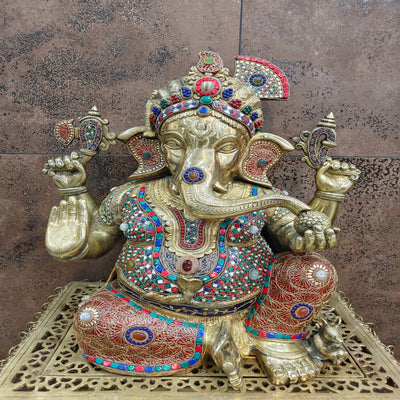 Brass Large Majestic Ganesha Sculpture With Stone Work 20 Inches