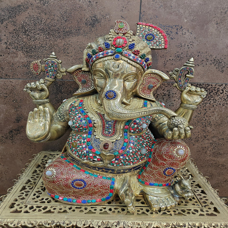 Brass Large Majestic Ganesha Sculpture With Stone Work 20 Inches