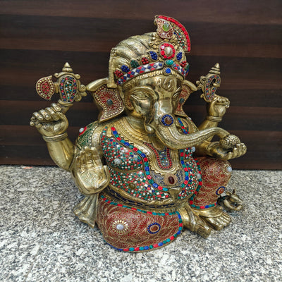 Brass Large Majestic Ganesha Sculpture With Stone Work 20 Inches