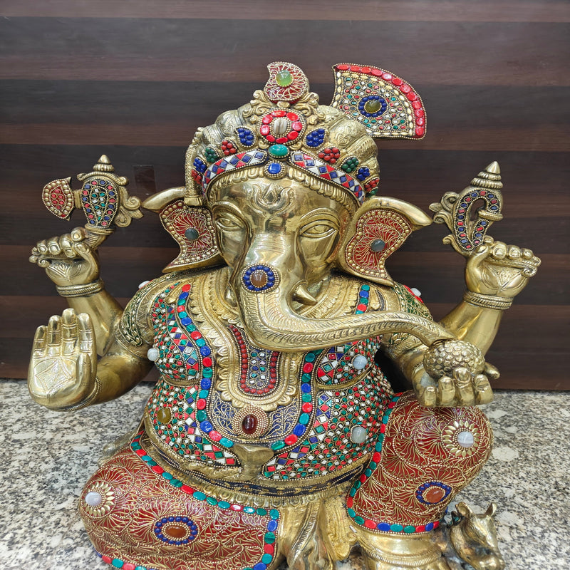 Brass Large Majestic Ganesha Sculpture With Stone Work 20 Inches