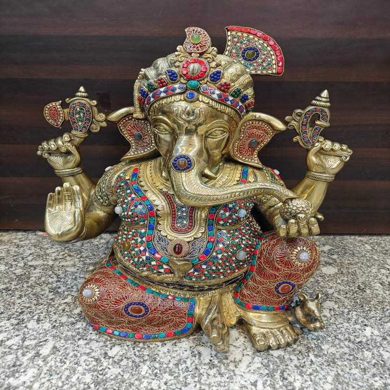 Brass Large Majestic Ganesha Sculpture With Stone Work 20 Inches