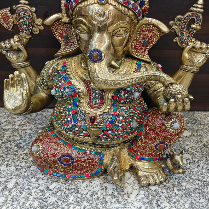 Brass Large Majestic Ganesha Sculpture With Stone Work 20 Inches