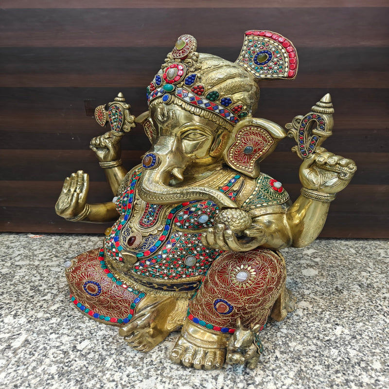 Brass Large Majestic Ganesha Sculpture With Stone Work 20 Inches