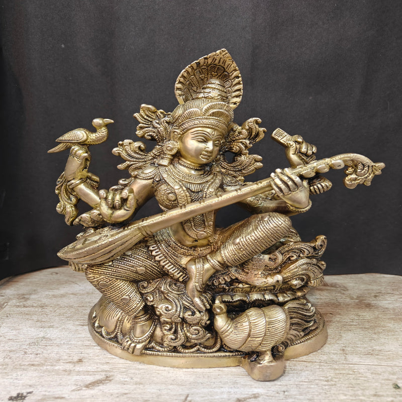 Brass Goddess Saraswati Idol Playing Veena 11 Inches