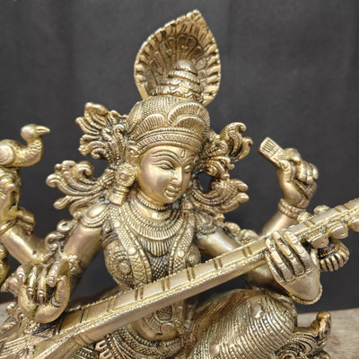 Brass Goddess Saraswati Idol Playing Veena 11 Inches