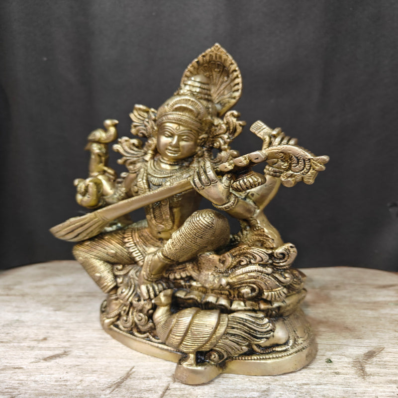 Brass Goddess Saraswati Idol Playing Veena 11 Inches