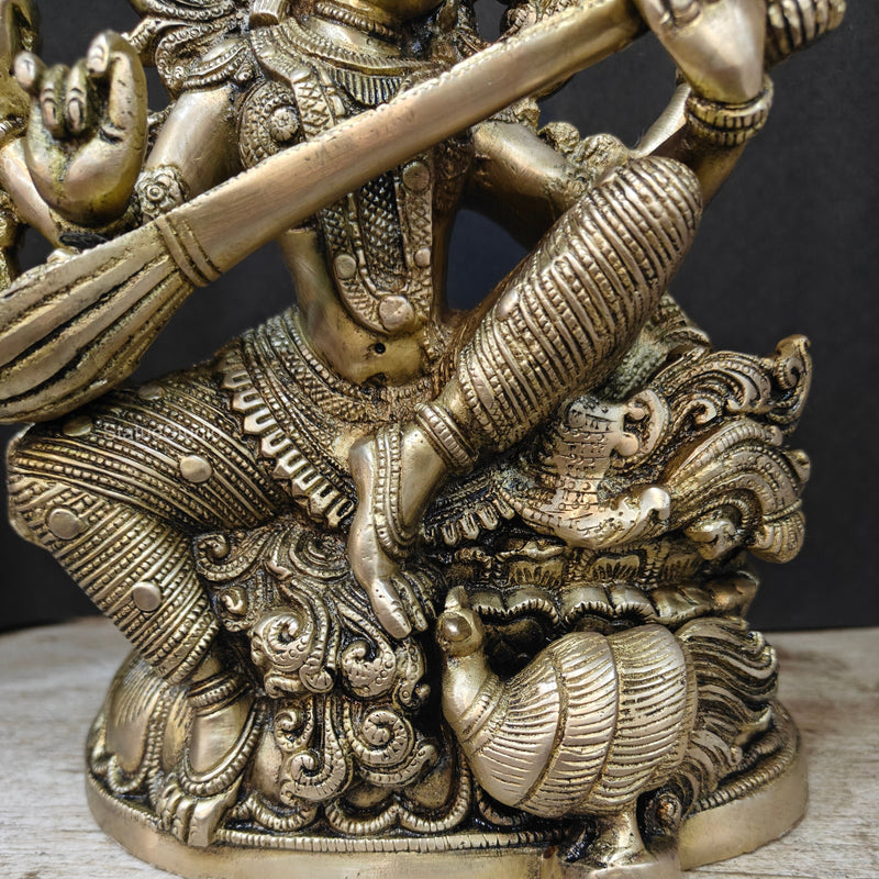 Brass Goddess Saraswati Idol Playing Veena 11 Inches