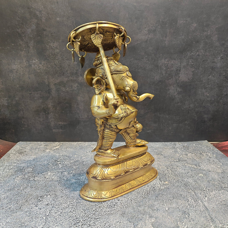 Brass Ganesha Statue with Umbrella and Kamandal 15 Inches