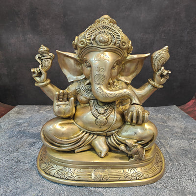 Brass Ganesha Idol Sitting on Base Handcrafted 16 Inches