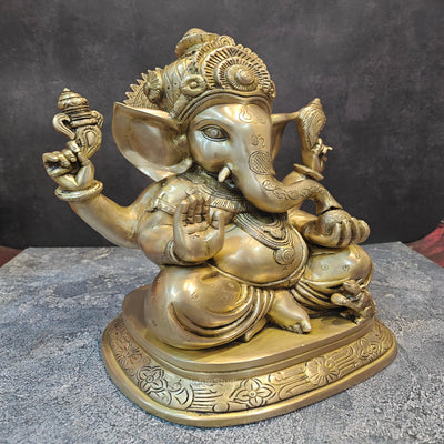 Brass Ganesha Idol Sitting on Base Handcrafted 16 Inches