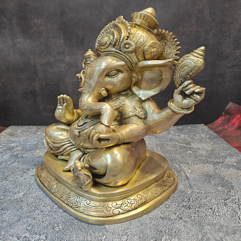 Brass Ganesha Idol Sitting on Base Handcrafted 16 Inches