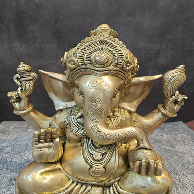 Brass Ganesha Idol Sitting on Base Handcrafted 16 Inches