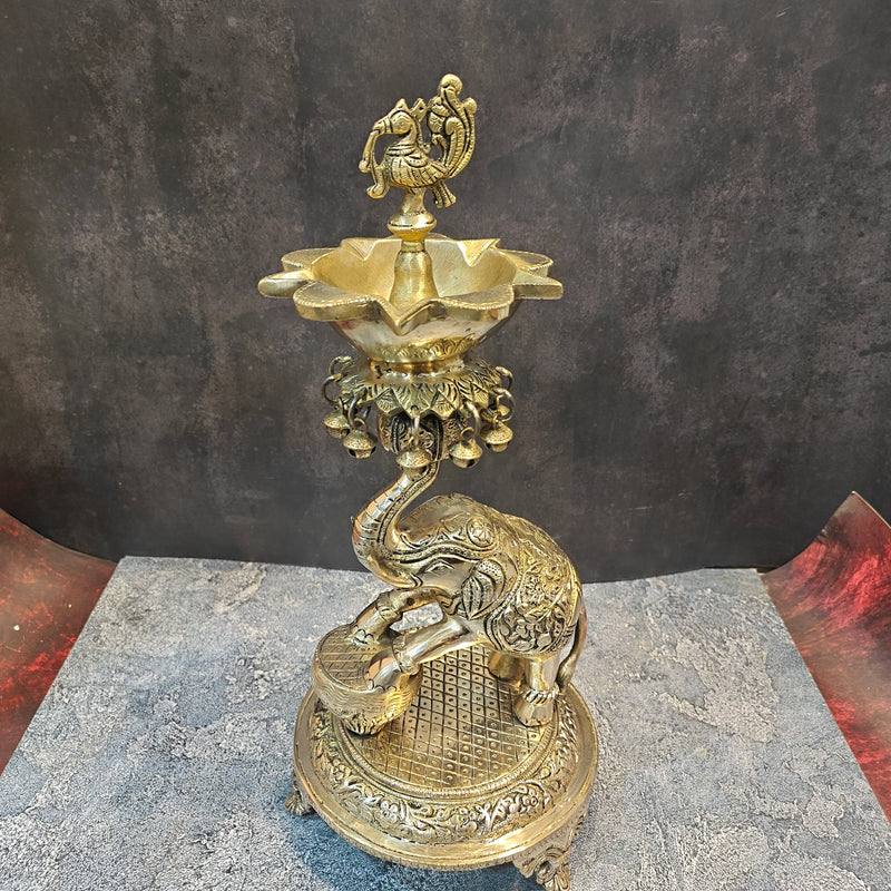 Exquisite Brass Peacock And Dancing Elephant Diya Decor 18 Inches