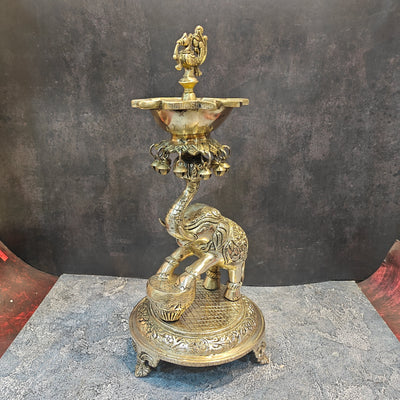 Exquisite Brass Peacock And Dancing Elephant Diya Decor 18 Inches