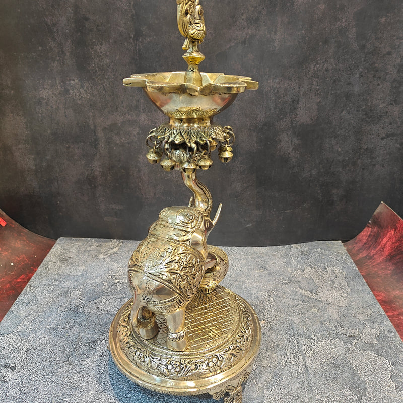 Exquisite Brass Peacock And Dancing Elephant Diya Decor 18 Inches