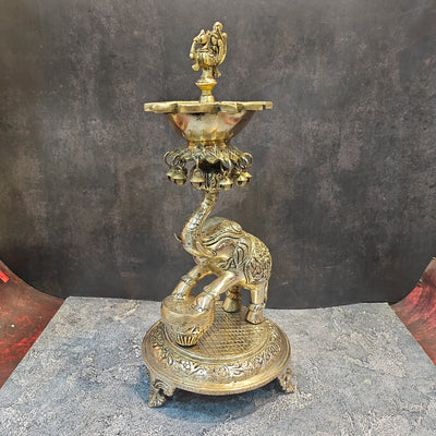 Exquisite Brass Peacock And Dancing Elephant Diya Decor 18 Inches