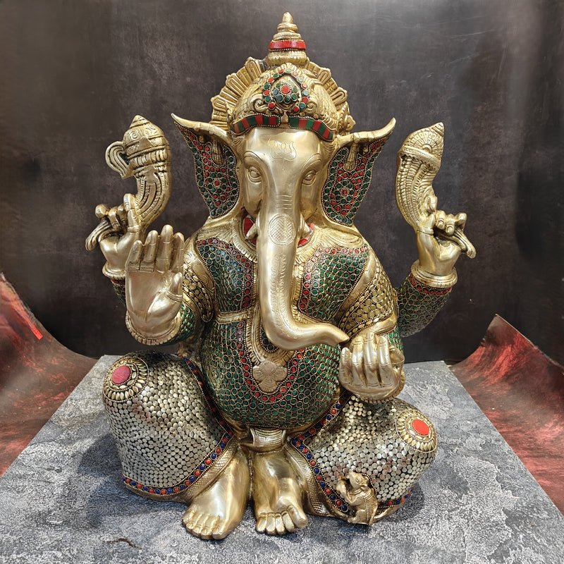 Elegant Brass Ganesha Statue With Stone Work 20 Inches